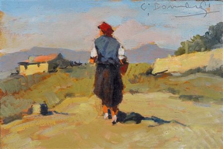 DOMENICI CARLO Livorno 1898 - 1981 Contadina olio su tavola 10x15 firma in...