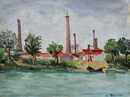 MALOSSI ARTURO Treviso 1883 - 1967 Paesaggio olio su cartone 22x30 firma in...