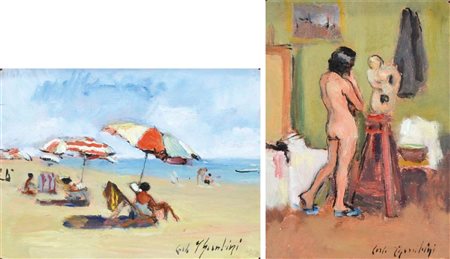 CHERUBINI CARLO Ancona 1897 - Venezia 1978 Spiaggia - Modella lotto di 2 olii...