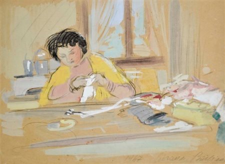 BARBISAN GIOVANNI Treviso 1914 - 1988 Donna che cuce 1947 tecnica mista su...