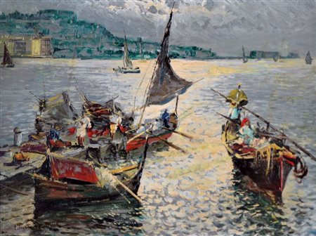 PRATELLA FAUSTO Napoli 1888 - 1964 Barche di pescatori al tramonto olio su...