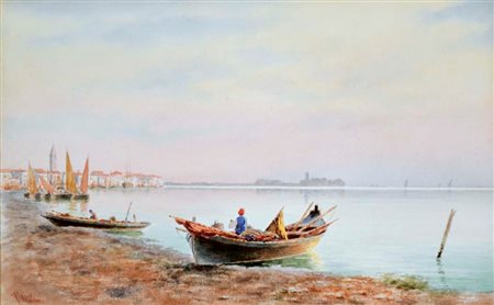 GALTER PIETRO Venezia 1840 - 1901 Barche in laguna acquerello su cartoncino...