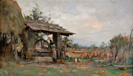 FOLLINI CARLO Domodossola 1848 - Pegli 1938 Contadina nell'aia 1904 olio su...