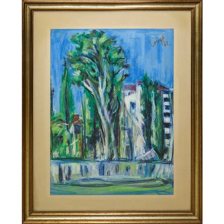 Gaetano  Longo (Catania  1980)  - Paesaggio con palazzi e alberi