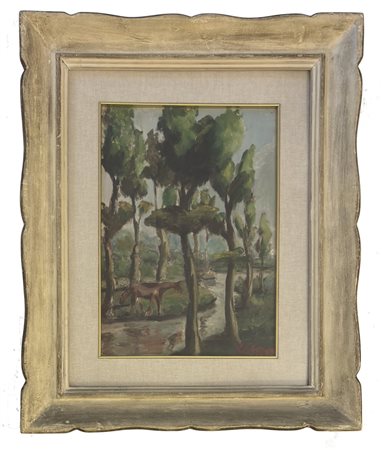 Giuseppe Cesetti, Tuscania (VT) 1902 - 1990, Paesaggio con fiume e cavalli