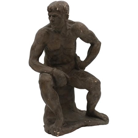 Pugile Scultura in terracotta. Firmata R.Pucci. Secolo XX. Cm h 48