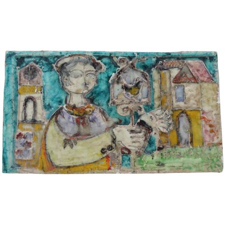 "Figura con uccellino" Grande placca in ceramica policroma. Probabile De...