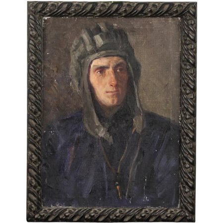 Scuola russa del secolo XX "Figura di carrista" Dipinto ad olio su tela in...