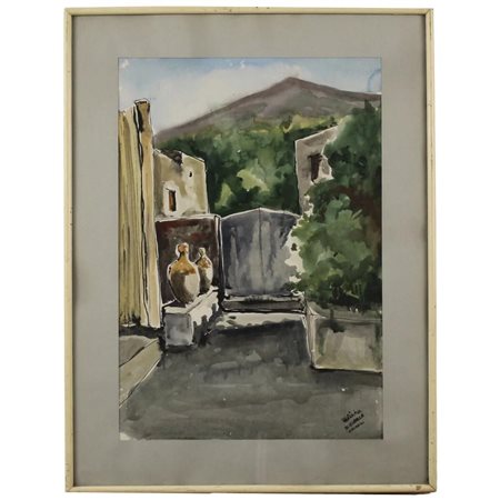 Mario Mirabella Jr. (XX) "Veduta di Stromboli" Acquerello su carta in...