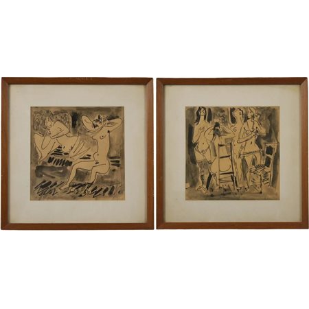 Alfonso Amorelli (1898/1969) "Nudi femminili" Coppia di dipinti a china su...