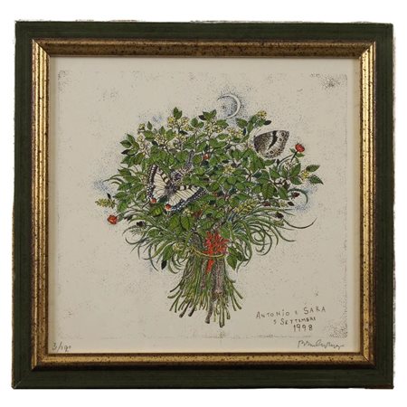Bruno Caruso (1927/2018) "Natura morta con farfalla" Litografia a colori in...
