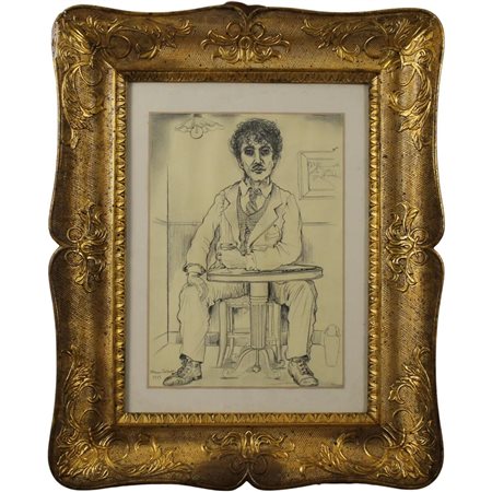 Bruno Caruso (1927/2018) "Al bar" Matita su carta in cornice in legno inciso...