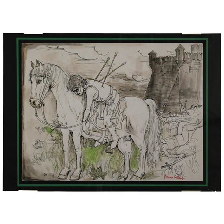 Bruno Caruso (1927/2018) "La fine del cavaliere" Disegno a china ed...