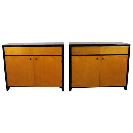 Coppia credenze a due ante Legno biondo e legno ebanizzato. Secolo XX. Cm...