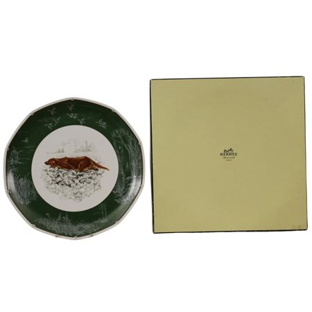 Grande piatto ottagonale Hermès Porcellana policroma con decoro di cane da...