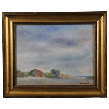 Paesaggio con casolare Pastello su cartoncino in cornice dorata. Firmato S....