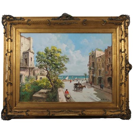 Augusto Radice (1913/?) "Veduta di paese sul mare" Dipinto ad olio su tela in...