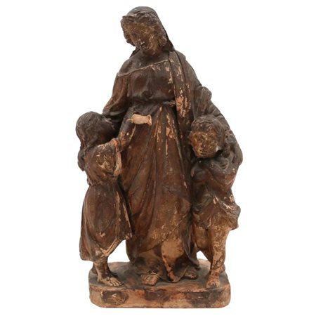 Artista siciliano del secolo XIX "Maternità" Gruppo scultoreo in terracotta a...