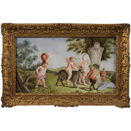 "Scena mitologica" Grande placca in porcellana policroma in cornice in legno...