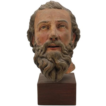 Scultore siciliano del secolo XIX "Testa di santo" Scultura in legno dipinto....