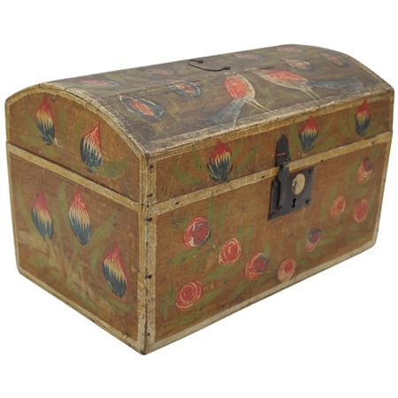Bauletto Legno dipinto con decoro di volatili e motivi floreali. Spagna. Fine...
