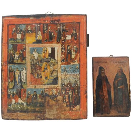 Due icone Olio su tavola. Russia. Fine del secolo XIX. Cm 37,5x31 (la maggiore)