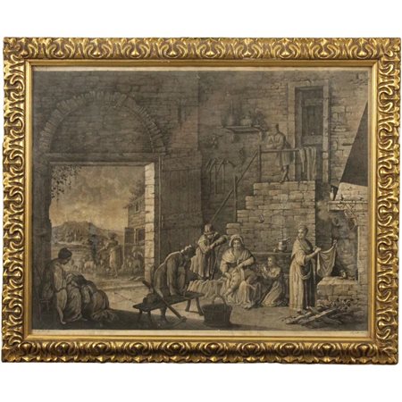 Giuseppe Zocchi (1716/1767) "Scena di vita quotidiana" Incisione su carta in...