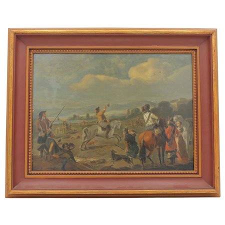 Pittore fiammingo del secolo XVIII "Scena di caccia" Dipinto ad olio su...