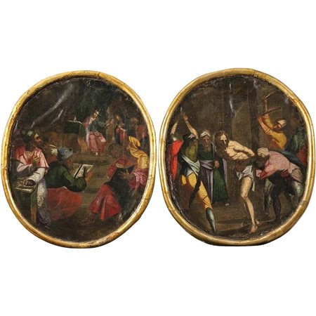 Scuola siciliana del secolo XVIII "Scene sacre" Coppia di dipinti ovali ad...