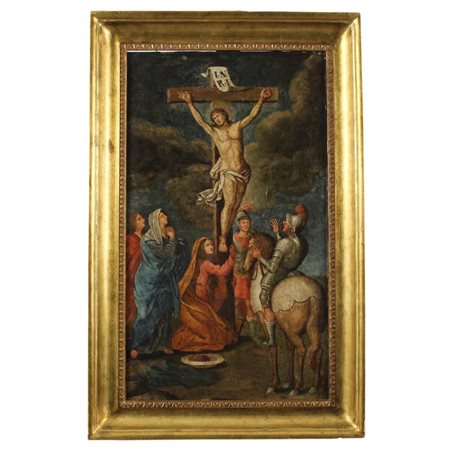 Scuola fiamminga del secolo XVIII "Crocifissione" Dipinto ad olio su rame...