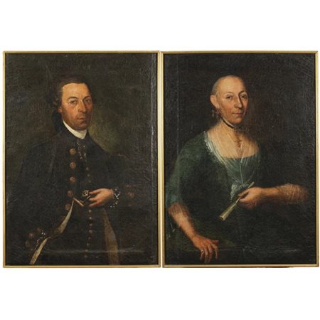 Scuola siciliana del secolo XVIII "Figure di antenati" Coppia di dipinti ad...