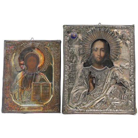 Lotto di due icone Argento e legno inciso e sbalzato. Secolo XX. Cm 27x22 (la...