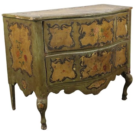 Cassettone a due cassetti Legno dipinto a motivi floreali e ornamentali a...
