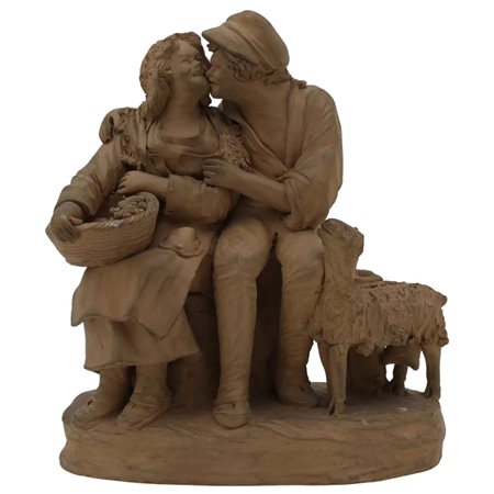 "Corteggiamento" Gruppo a due figure in terracotta grezza. Firmato nella...
