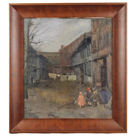 Scuola russa del secolo XX "Bambini in cortile" Dipinto ad olio su tela in...