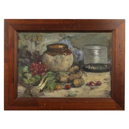 "Natura morta di frutta" Dipinto ad olio su tela in cornice in noce. Secolo...
