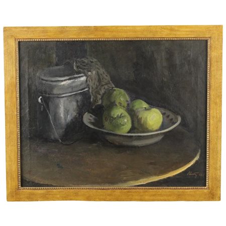 Dipinto del secolo XX "Natura morta di frutta e vasellame" Dipinto ad olio su...