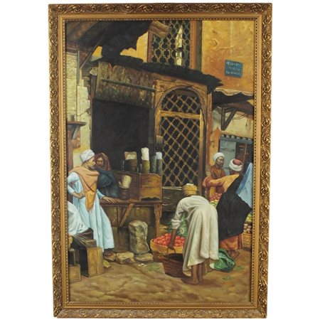 Scuola medio orientale del secolo XX "Veduta di mercato" Dipinto ad olio su...