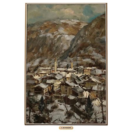 Arturo Bonanomi (1920/2010) "Paesaggio innevato" Dipinto ad olio su tavola in...