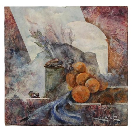 Paolo Milfanti (XX) "Astratto palermitano" Olio su tavola. Cm 48x49,5