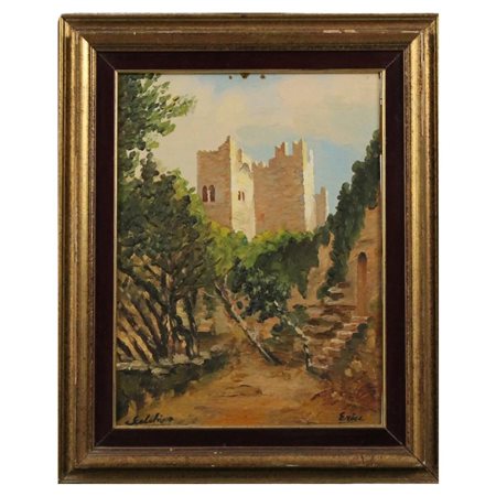 "Veduta del castello di Erice" Dipinto ad olio su cartone in cornice in legno...