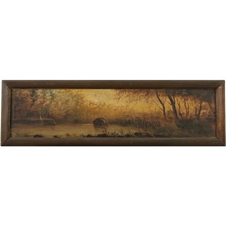 "Paesaggio con stagno" Dipinto ad olio su tela in cornice in legno. Firmato...