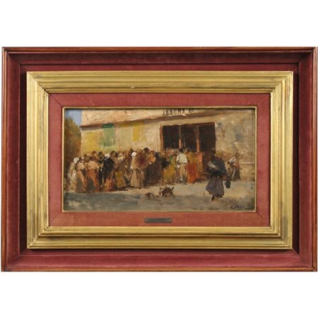 Pio Joris (1843/1921) "Fila di popolo per il pane" Dipinto ad olio su tela in...