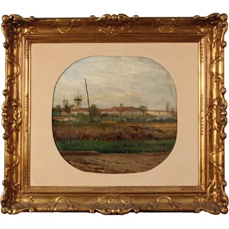 Leopoldo Burlando (1841/1915) "Paesaggio con casolari" Dipinto ad olio su...