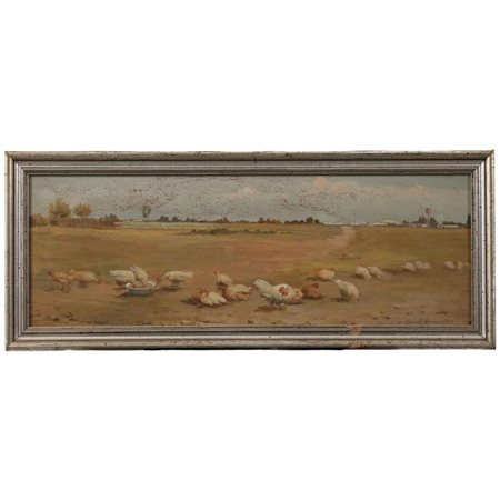 Sebastiano Conti Consoli (1885/1950) "Galline nell'aia" Dipinto ad olio su...