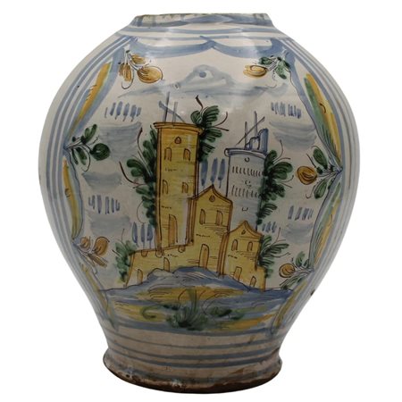 Vaso ovoidale Antica maiolica con decoro di paesaggio e casolari su fondo...
