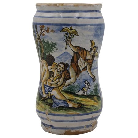 Albarello Maiolica con decoro frontale raffigurante scena mitologica...