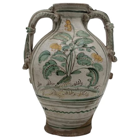 Anfora a due manici Antica maiolica con decoro frontale a motivi vegetali e...