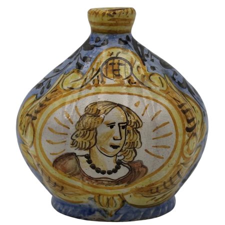Piccola bottiglia Maiolica policroma con decoro a doppio medaglione...