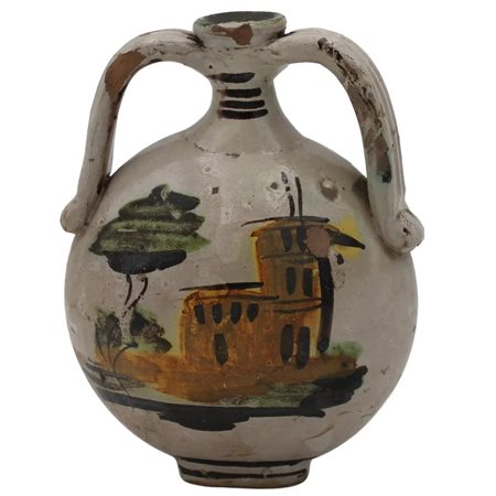 Fiasca a due manici Antica maiolica con decoro frontale raffigurante...